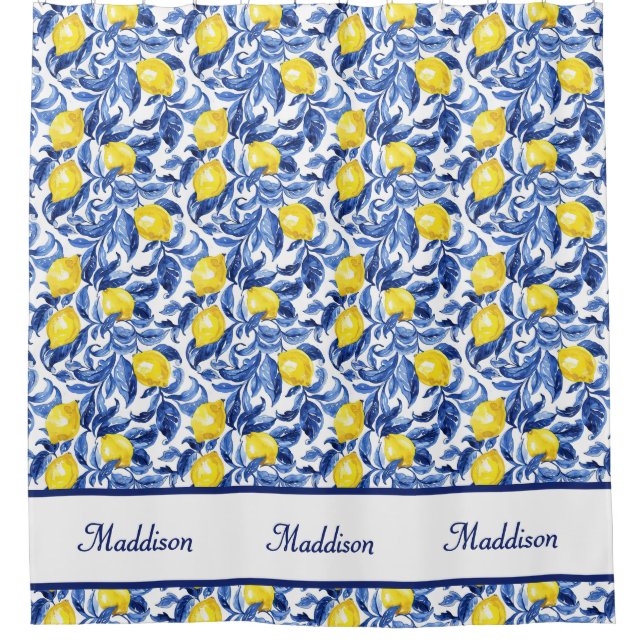 Blue Watercolor Lemon Pattern Monogram Name Shower Curtain (Front)