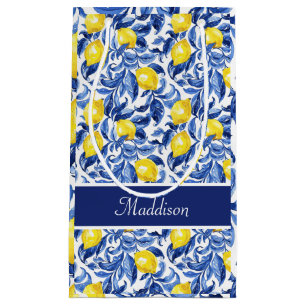 Blue Watercolor Lemon Pattern Monogram Name Small Gift Bag