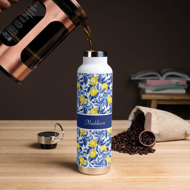 Blue Watercolor Lemon Pattern Monogram Name Water Bottle (Coffee)