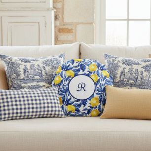 Blue Watercolor Lemon Pattern Monogram Round Cushion