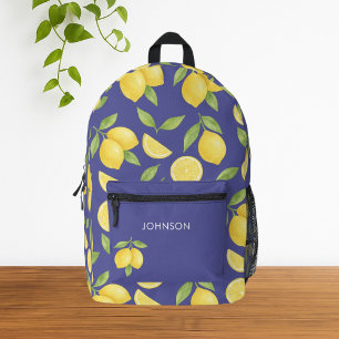 Blue Watercolor Lemon Pattern Printed Backpack
