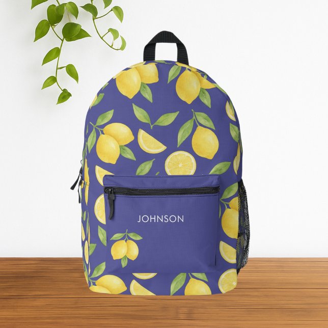 Blue Watercolor Lemon Pattern  Printed Backpack (Cute Yellow Watercolor Lemon  Pattern Black Backpack)