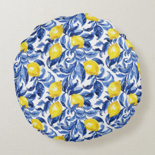 Blue Watercolor Lemon Pattern Round Cushion