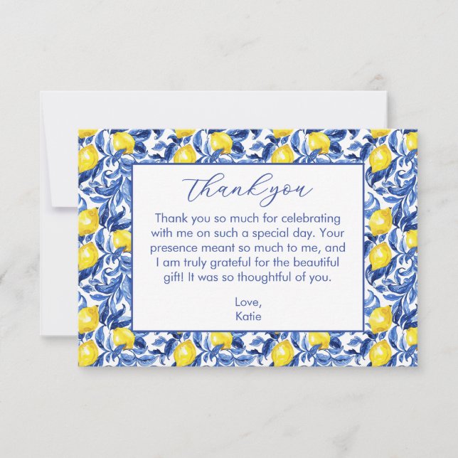 Blue Watercolor Lemon Pattern  Thank You Card (Front)