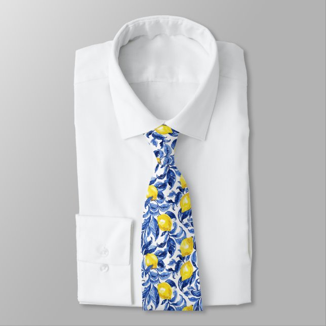 Blue Watercolor Lemon Pattern  Tie (Tied)
