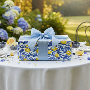 Blue Watercolor Lemon Pattern  Wrapping Paper