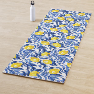 Blue Watercolor Lemon Pattern Yoga Mat