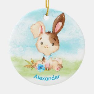 Blue Watercolor Little Bunny Ceramic Tree Decoration