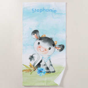 Blue Watercolor Little Cow Beach Towel