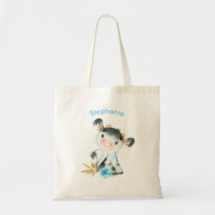 Blue Watercolor Little Cow Tote Bag
