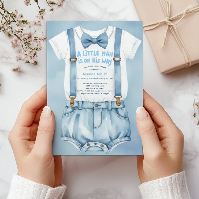 Blue Watercolor Little Man Baby Shower Invitation (Little Man Baby Shower Invite)