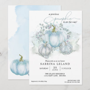 Blue Watercolor Little Pumpkin Boy Baby Shower Invitation