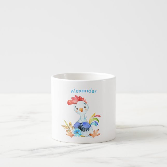 Blue Watercolor Little Rooster Espresso Cup (Front)