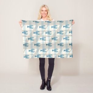 Blue Watercolor Lobster Pattern on Coastal Stripe Fleece Blanket