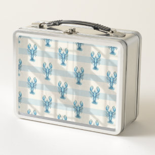 Blue Watercolor Lobster Pattern on Coastal Stripe Metal Lunch Box
