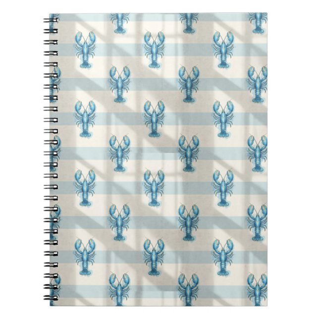 Blue Watercolor Lobster Pattern on Coastal Stripe Notebook (Front)