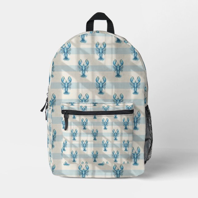 Blue Watercolor Lobster Pattern on Coastal Stripe Printed Backpack (Front)