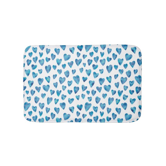 Blue watercolor love heart pattern bath mat (Front)
