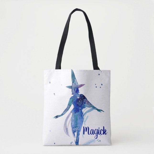 Blue Watercolor Magick Witch Tote Bag (Front)