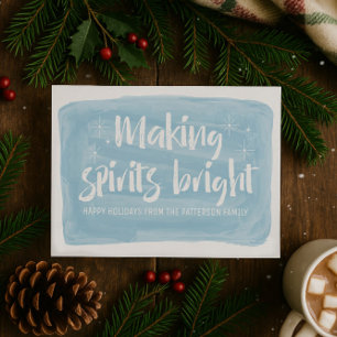 Blue Watercolor Making Spirits Bright Holiday Card