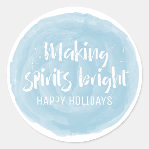 Blue Watercolor Making Spirits Bright Holiday Classic Round Sticker