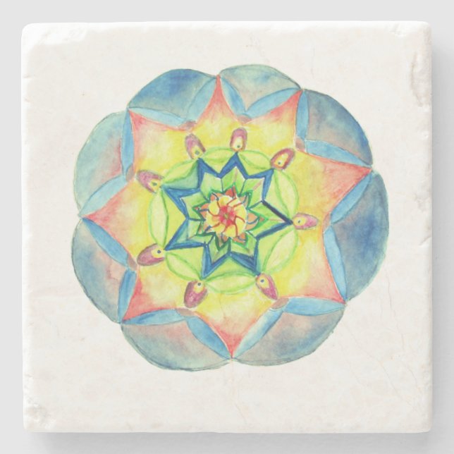 Blue  Watercolor Mandala  Marble Stone Coaster (Front)