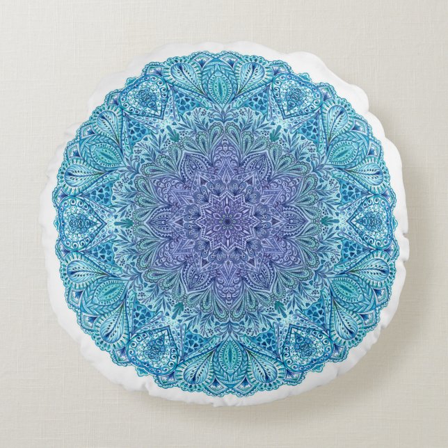 Blue Watercolor Mandala Round Cushion (Front)