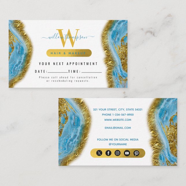 Blue Watercolor Marble Gold Foil Appointment Card (Front/Back)