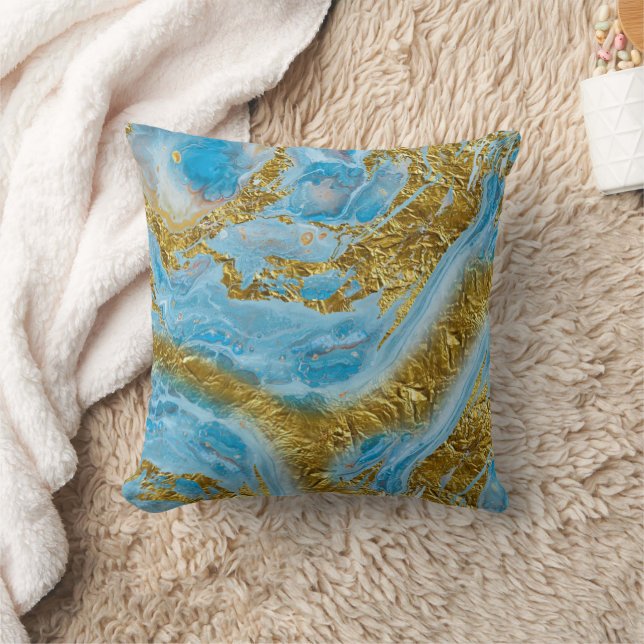 Blue Watercolor Marble & Gold Foil  Cushion (Blanket)