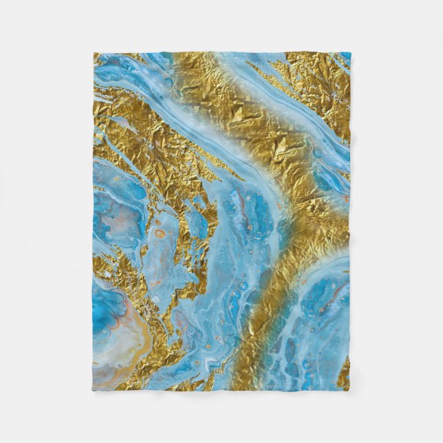 Blue Watercolor Marble & Gold Foil  Fleece Blanket (Front)