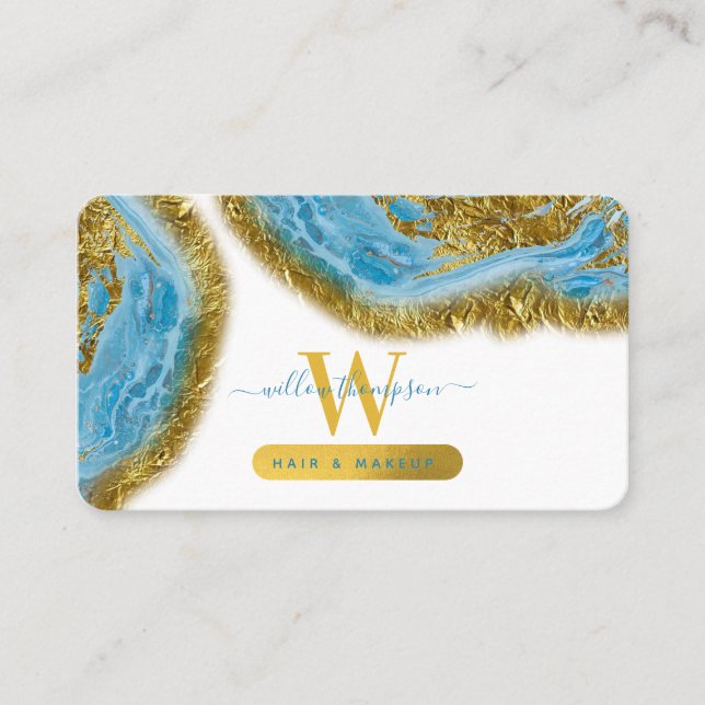 Blue Watercolor Marble & Gold Foil Hair & Makeup Business Card (Front)