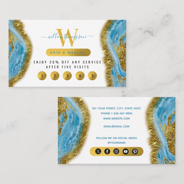 Blue Watercolor Marble & Gold Foil Loyalty Card (Front/Back)