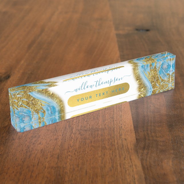 Blue Watercolor Marble & Gold Foil  Nameplate (Side)