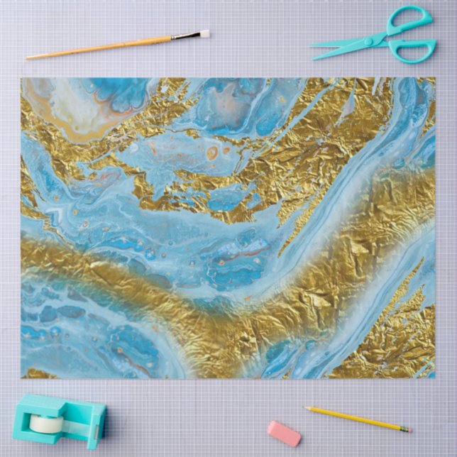 Blue Watercolor Marble & Gold Foil  Tissue Paper (Craft)