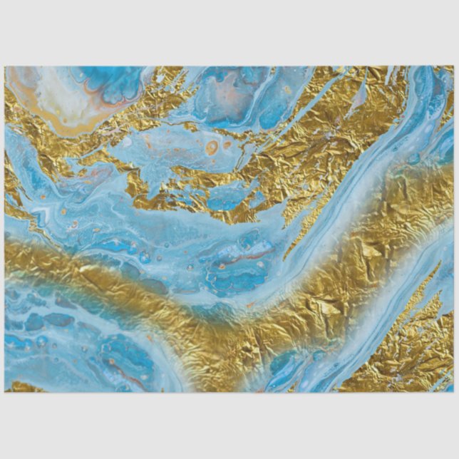Blue Watercolor Marble & Gold Foil  Tissue Paper (Front)