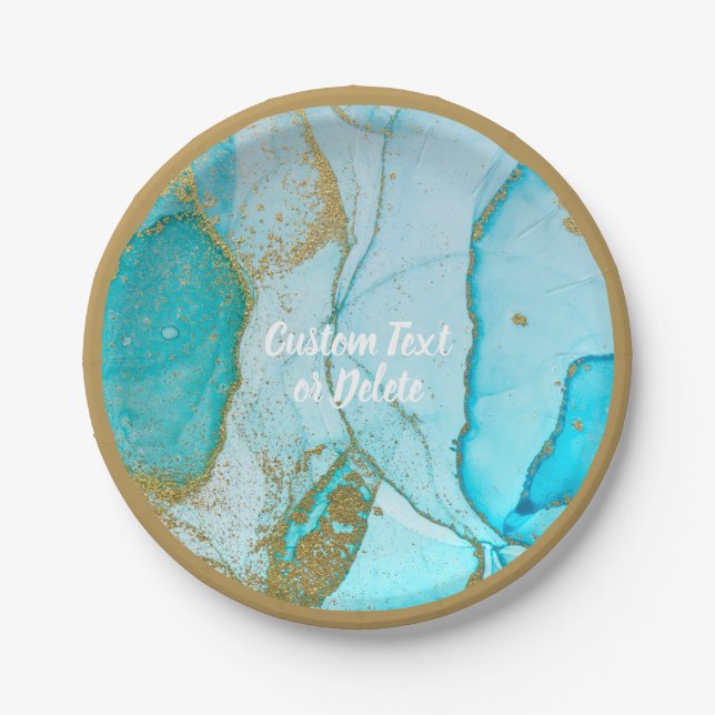 Blue Watercolor Marble Gold Glitter Personalised  Paper Plate (Front)