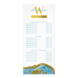 Blue Watercolor Marble & Gold Hair & Makeup Price  Rack Card