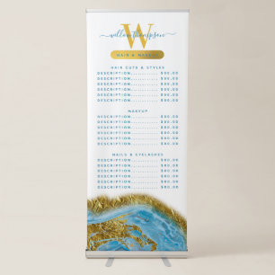 Blue Watercolor Marble & Gold Hair & Makeup Price  Retractable Banner