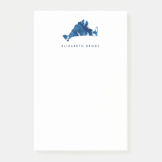 Blue Watercolor Marthas Vineyard Map Monogram Post-it Notes (Front)