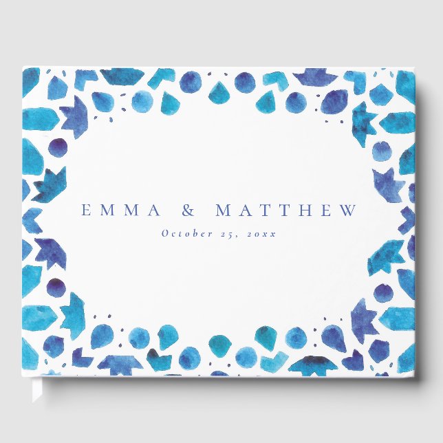 Blue Watercolor Mediterranean Tile Guest Book (Front)