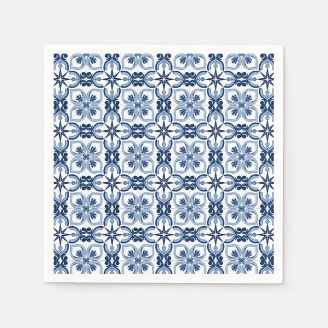 Blue Watercolor Mediterranean Tile Napkin (Front)