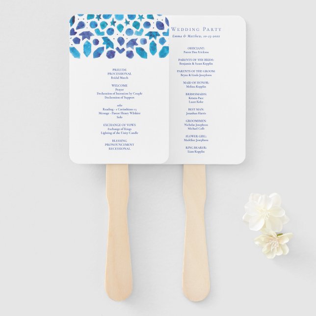 Blue Watercolor Meditteranean Tile Wedding Program Hand Fan (Front and Back)