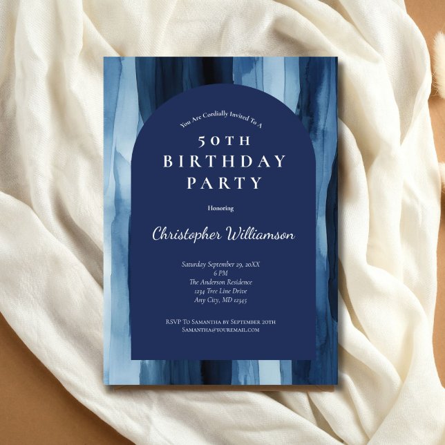 Blue Watercolor Men's Modern Arch 50th Birthday Invitation (Blue Abstract Modern Watercolor 50th Birthday invitation for him. Printed or Digital)