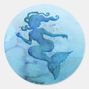 Blue Watercolor Mermaid Classic Round Sticker