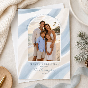 Blue Watercolor Modern Family Photo Christmas Holiday Card
