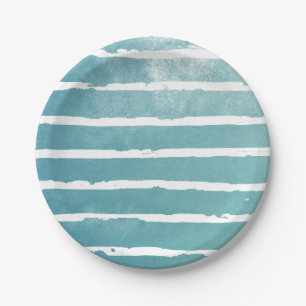Blue Watercolor Modern Lines Pattern Paper Plate