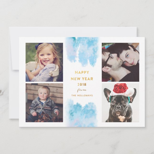 Blue Watercolor Modern New Year Photo Card (Front)