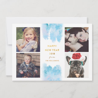 Blue Watercolor Modern New Year Photo Card