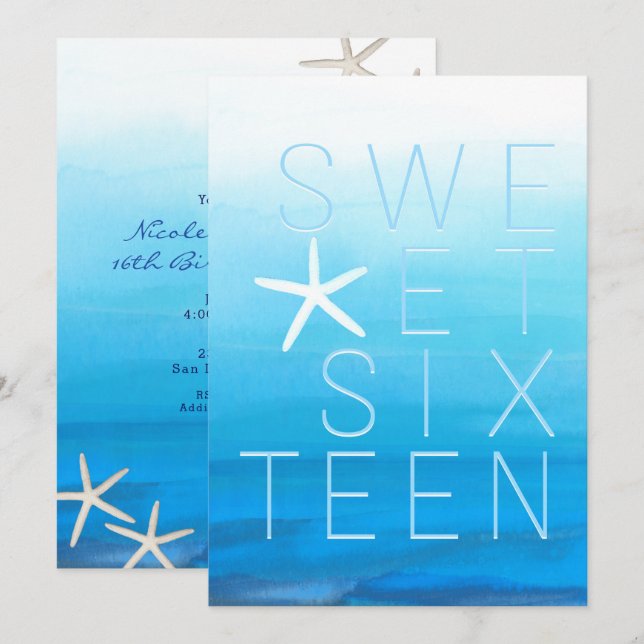 Blue Watercolor Modern Sweet 16 Beach Party Invitation (Front/Back)