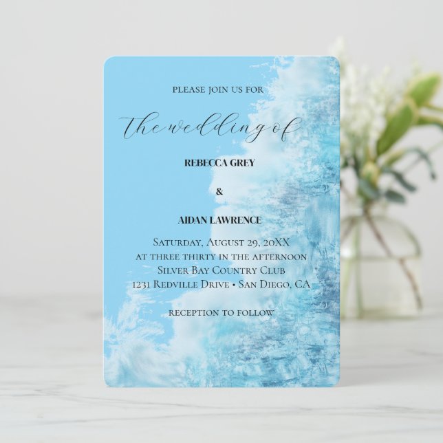 Blue Watercolor Modern Wedding Invitation (Standing Front)